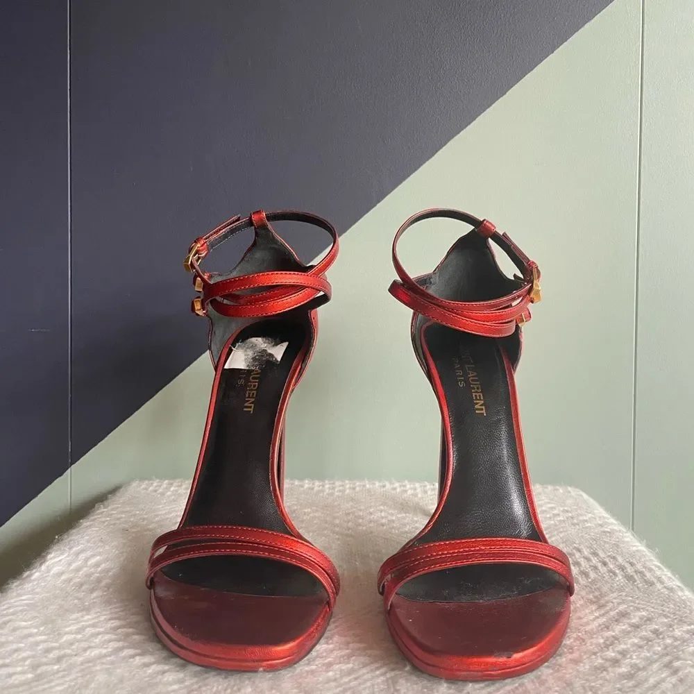 Saint Laurent / YSL Strappy Heeled Sandals, Metallic Rouge Orient, Size 37 - Picture 4 of 11